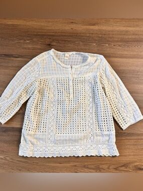 SUNDANCE Eyelet Embroidered White Blouse Shirt MEDIUM 1/2 Button Cottage Boho
